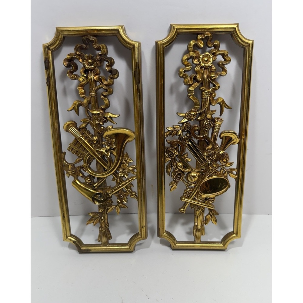 2 Syroco Homco Gold Musical Instrument Wall Plaques‎ 4863A 1964 Vintage Mid Mod